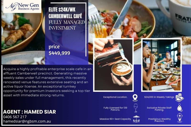 Profitable Cafe for Sale in Camberwell | Fully managed | 60 Seats | Liquor License | $24k Weekly Takings! [2605162]