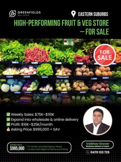 Profitable Fruit & Veg Store for Sale in Busy Shopping Centre Eastern Suburbs, Melbourne Profitable Fruit & Veg Store for Sale in Busy Shopping Centre Eastern Suburbs, Melbourne